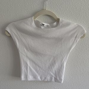 Zara White Cap-Sleeve Cropped Tee